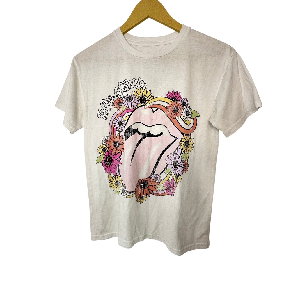 The Rolling Stones Graphic T-Shirt Womens Small White Excellent Floral Logo Tee